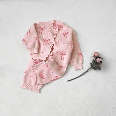 Mädchen Herbst-Winter Strick-Cardigan mit Schleife & Hosen-Set