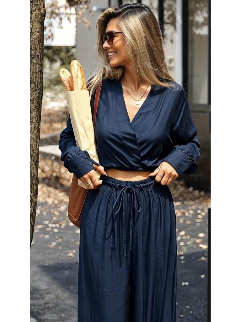 2026 Women's Solid Color Deep V-neck Top + Straight Leg Pants Two-piece Set - European and American Style, Loose Fit, Long Sleeve, Lightly Mature.