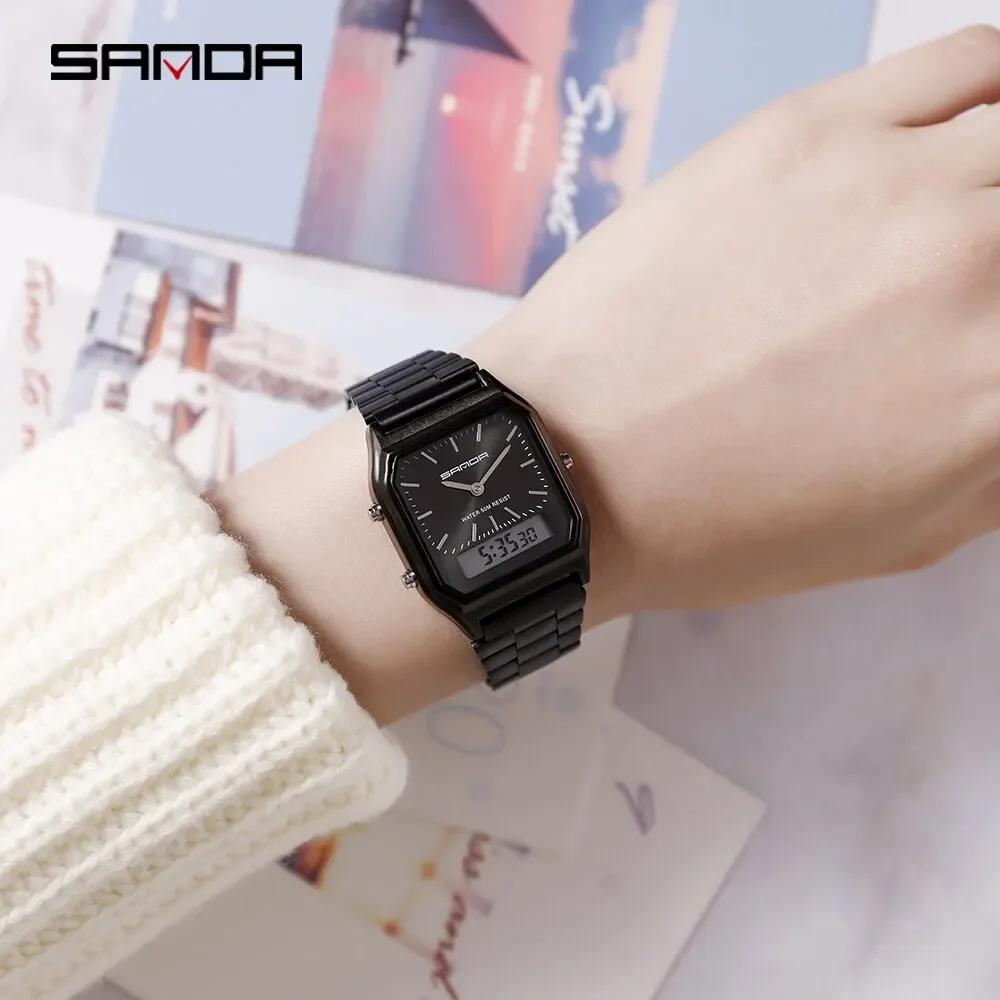 SANDA P747 Watch Luxury Mens Style Watches Stainless Steel Women LED Digital Dual Display Clock Unisex Waterproof Sports Quartz