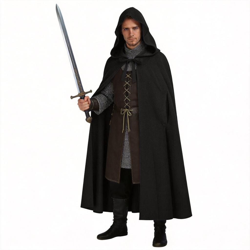 Capa de Caballero Medieval con Capucha Larga de Mezcla de Lana para Disfraz, Juego de Rol, Feria Renacentista y Halloween