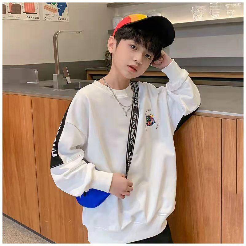 Spring Autumn Boys Round Neck Loose Contrast Cartoon Tiger Sweatshirt School Kids Track Pullover Tops