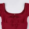 Women Red Square Neck Lace Trim Bow Detail Short Sleeve Slim Fit Casual Blouse