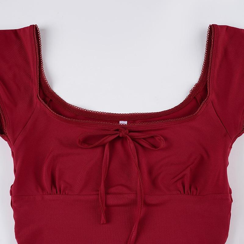 Women Red Square Neck Lace Trim Bow Detail Short Sleeve Slim Fit Casual Blouse
