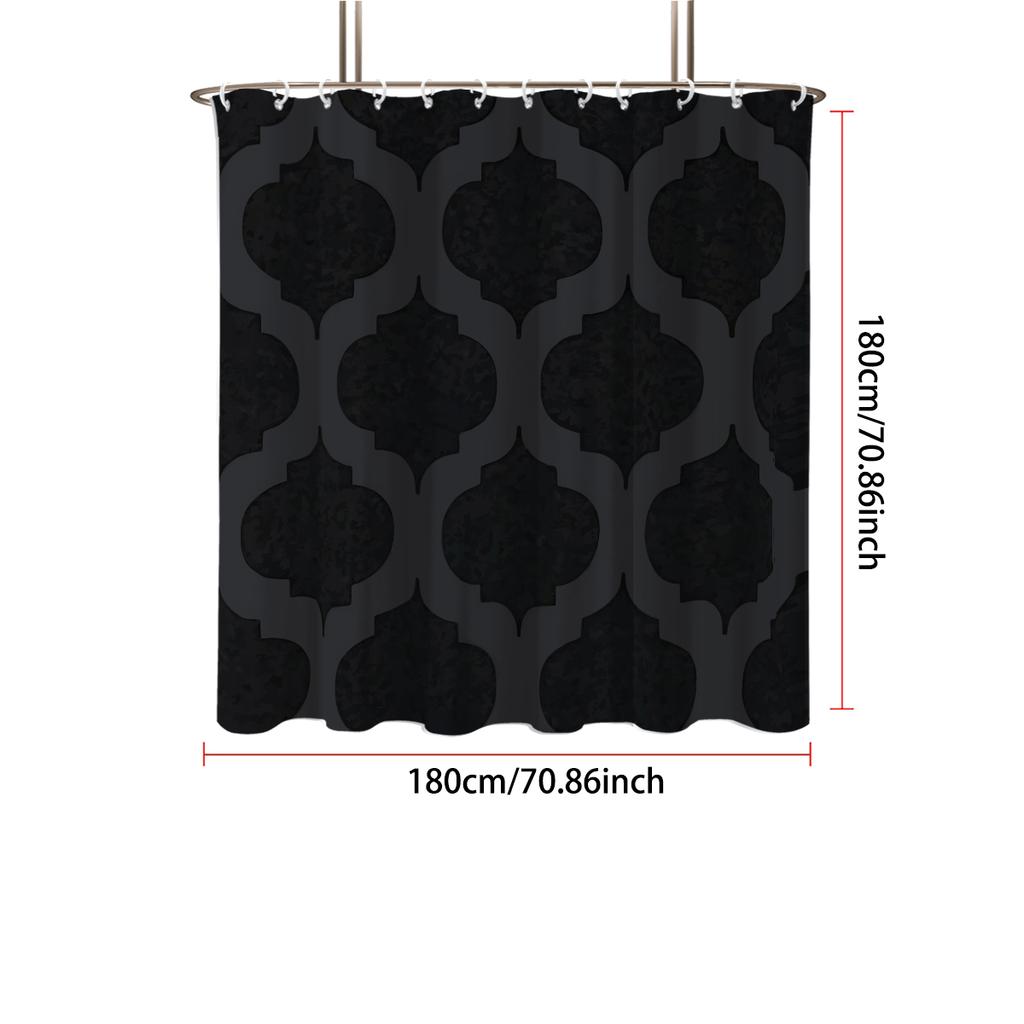 1pc Geometric Print Waterproof Black Shower Partition Privacy Hanging Curtain with 12 Hooks Multiple Sizes Easy Installation