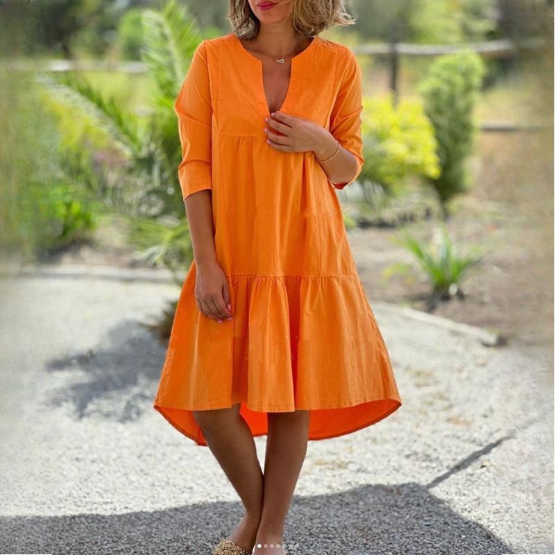 GMXIA Sommer Damen Frisch Süß V-Ausschnitt Reine Farbe Baumwolle Leinen Swing Casual Lange Kleider