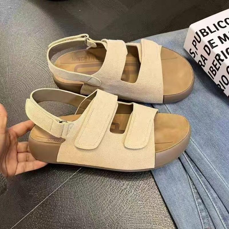 

Spring and summer frosted leather Velcro cork platform word summer new beach sandals 35 бежевый