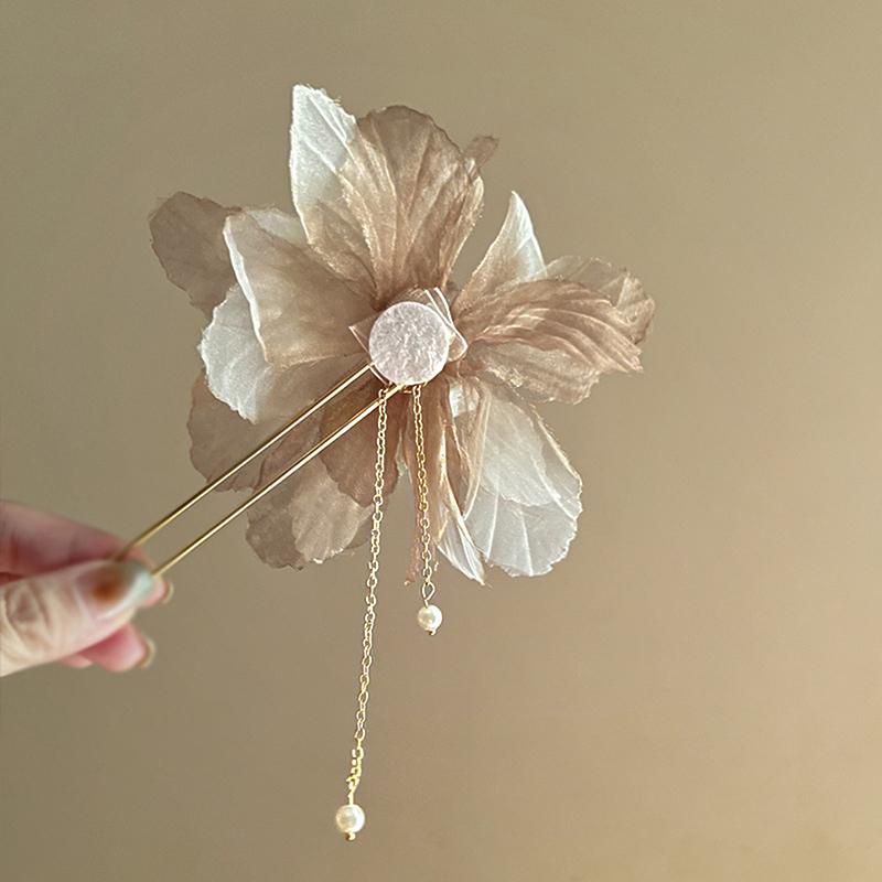 Korean Antique Chiffon Flower Pearl Tassel Hair Stick U-Shaped Hair Clip Temperament Chinese Style Hairpin For Women Headwear