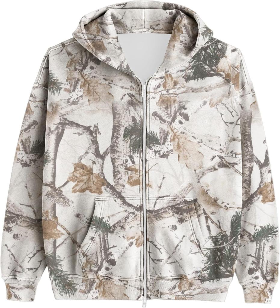 Women's Men's Camo Zip Hoodie Maple Leaf Print Oversized Hooded Sweatshirt Wool Long Sleeve Jacket