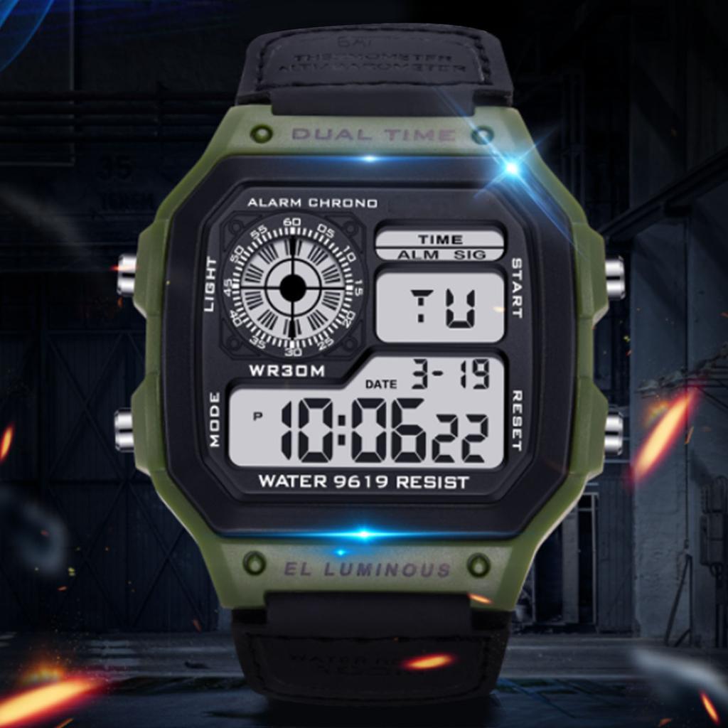 Digital Sport Watch Canvas Strap Luminous Waterproof Retro Sport Watch for Outdoor Sports Green