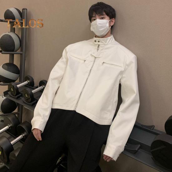 Men Jacket Coat Full Zipper Closure Solid Color Two Side Pockets Short Jacket Stand Collar Long Sleeve Jacket Streetwear