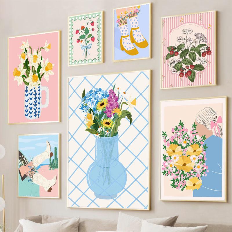 Retro Flowers Fruit Vase Gallery Colorful Funky Poster And Prints Simple Wall Art Canvas Painting Pictures For Living Room Decor