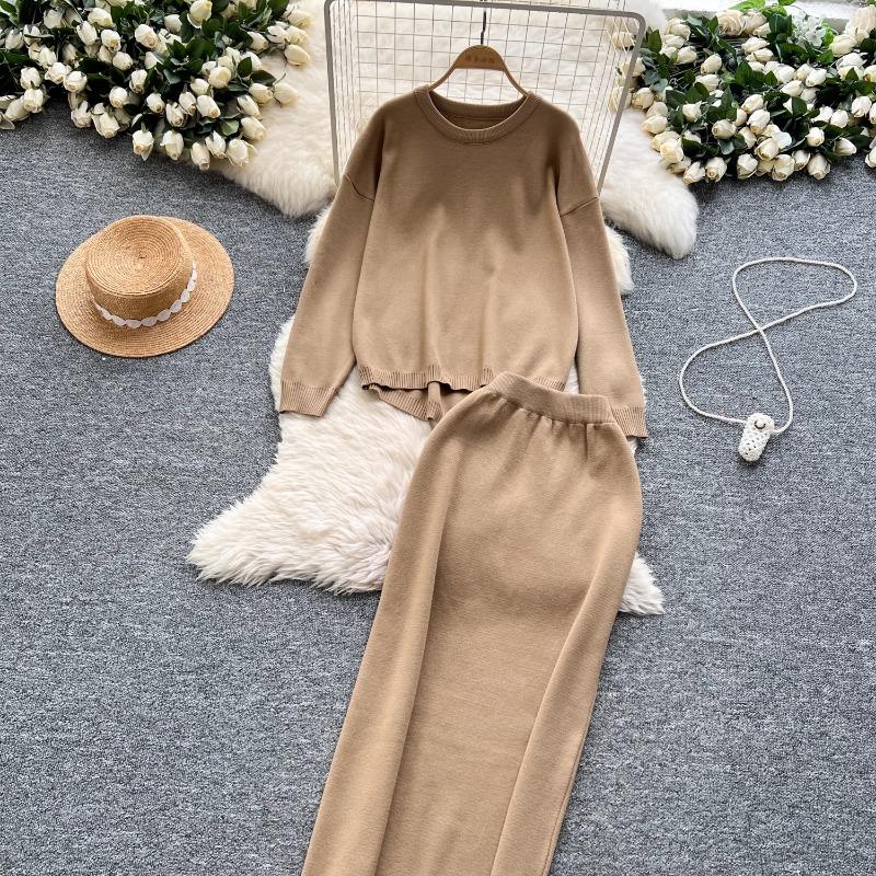 Tvådelat set Damkläder Mild Stil Lättslappig Lös passform Pullover O-hals Långärmad Stickad Tröja Midi Bodycon Kjolar