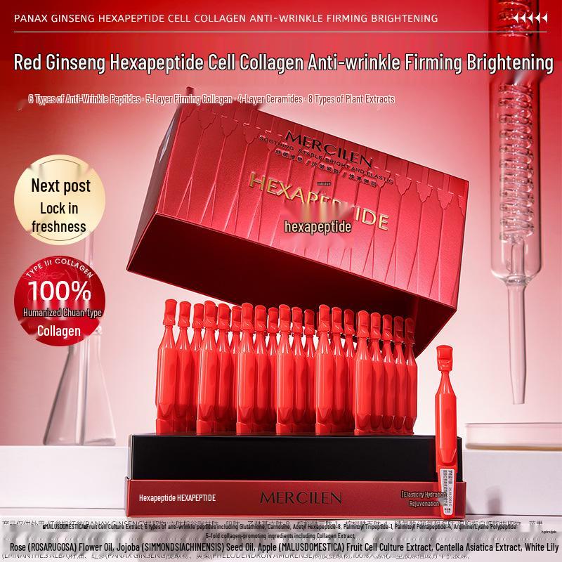 Hexapeptide Collagen Brightening Firming Serum with Red Ginseng - Single-Use Ampoule for Wrinkle Smoothing and Moisturizing.