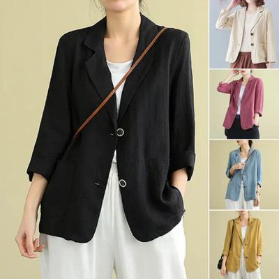 Cotton Linen Coat for Women Vintage Long Sleeve Blazer Jacket Casual Lapel 2 Buttons Thin Coat with Pockets