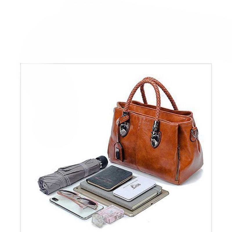 Vintage Braided Handle Leather Satchel Bag for Women - Large Capacity Crossbody Tote