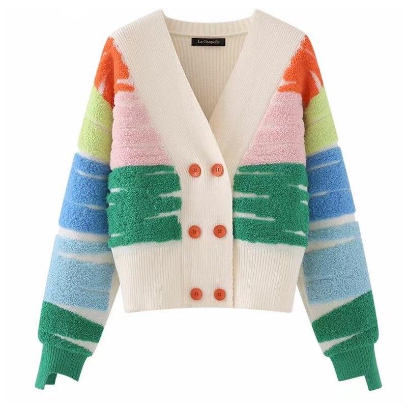 

Милый теплый вязаный кардиган с длинными рукавами, модный контрастный двубортный свитер с v-образным вырезом, пальто, повседневный свободный свитер, куртка 28954 One Size орион