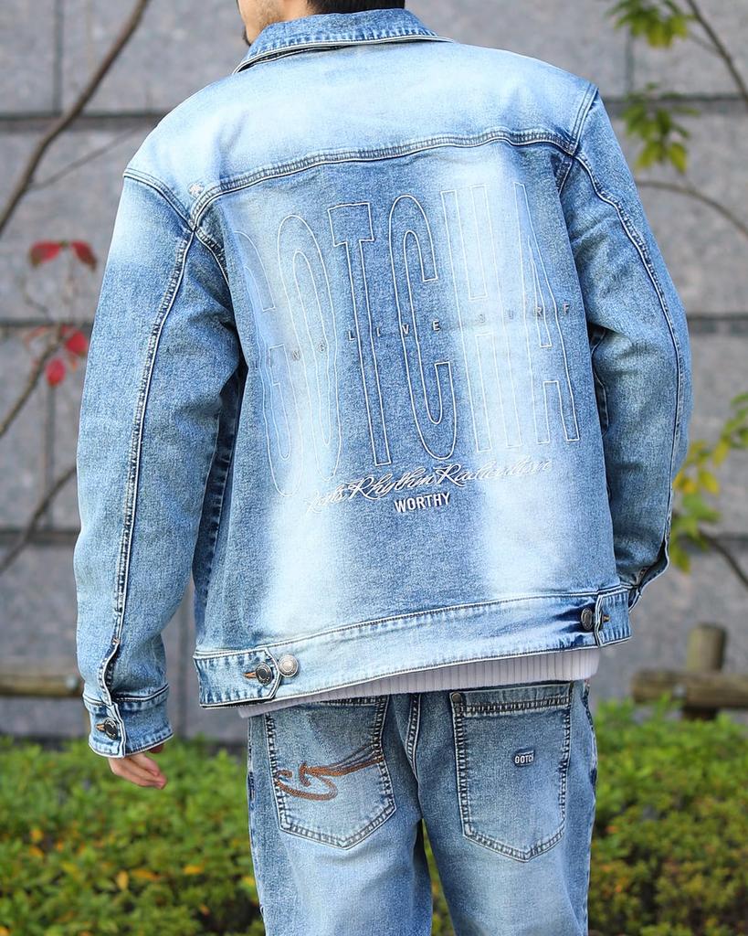 GATCHA Stretch Blast Wash Denim Jacket with Detachable Size and Clothing Hood, Bleach, L, 241G1622, Men's Women's, Spring/Summer