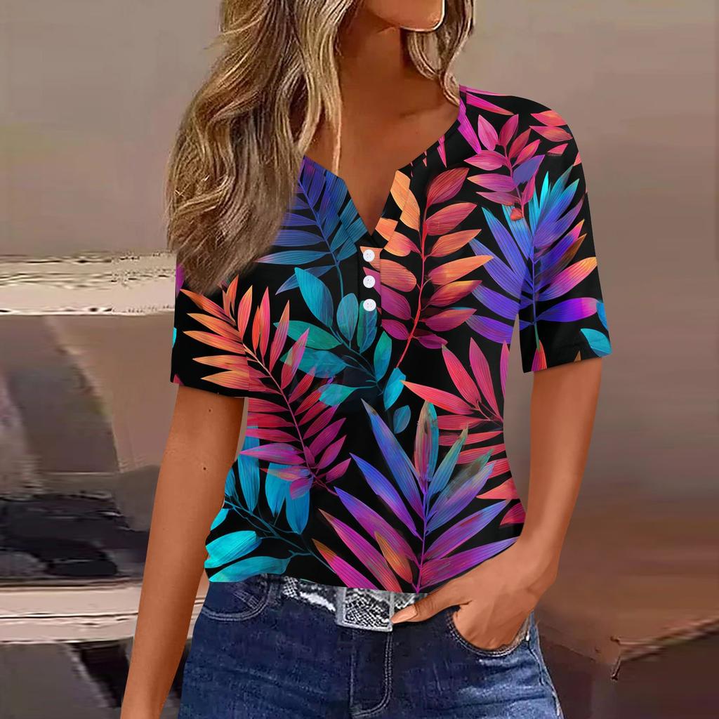 Women's fashionable casual Hawaiian print V-neck short-sleeved button-down T-shirt top