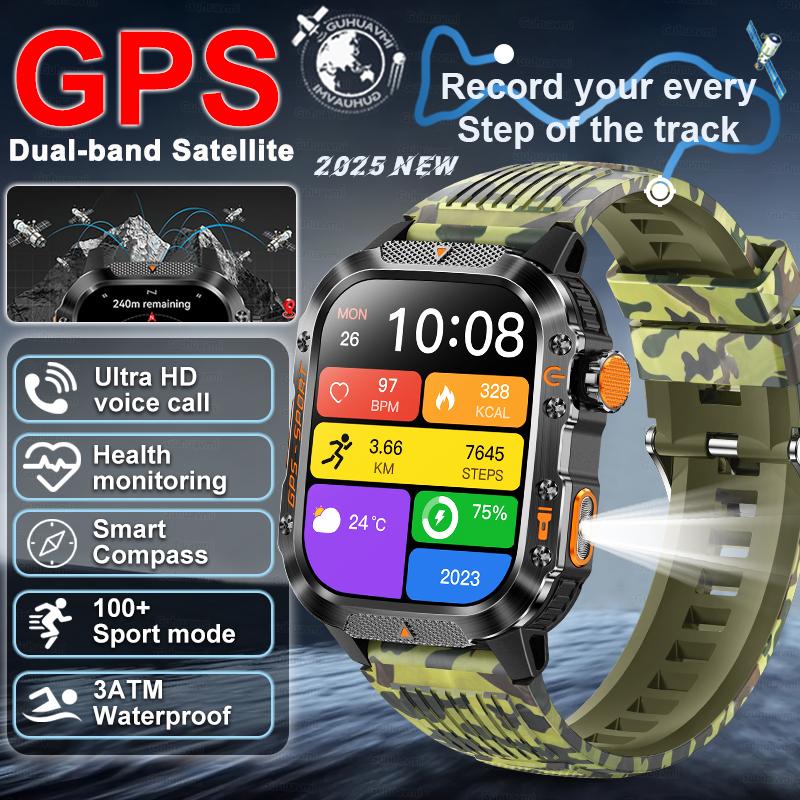 

2026 New Military Men Built in GPS Smart Watch Compass Altimeter 3ATM Waterproof Bluetooth Call Heart Rate Sports Fitness Smartwatch зелений/камуфляжний