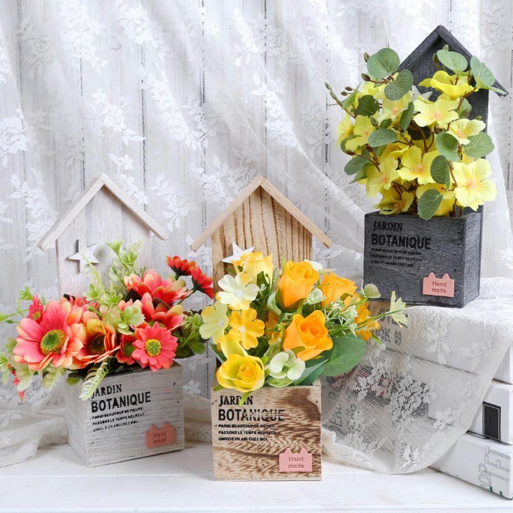 Vintage Flower Pot Wooden Pen Holder Crafts Storage Box  Miscellaneous Organizer