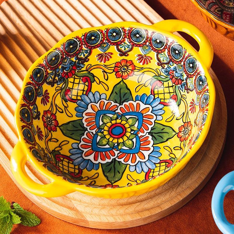 Creative yellow-green wave tree pattern flower hand-painted underglaze color binaural ceramic non-hot noodle bowl