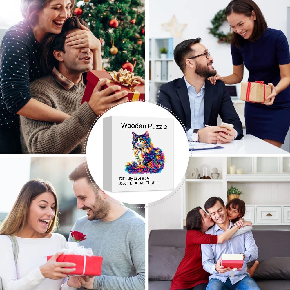 Colored Cat Wooden Puzzle, Uniquely Irregular Animal Shaped Wooden Toys, Creative Handmade Decorations, Holiday Gifts Home Decor