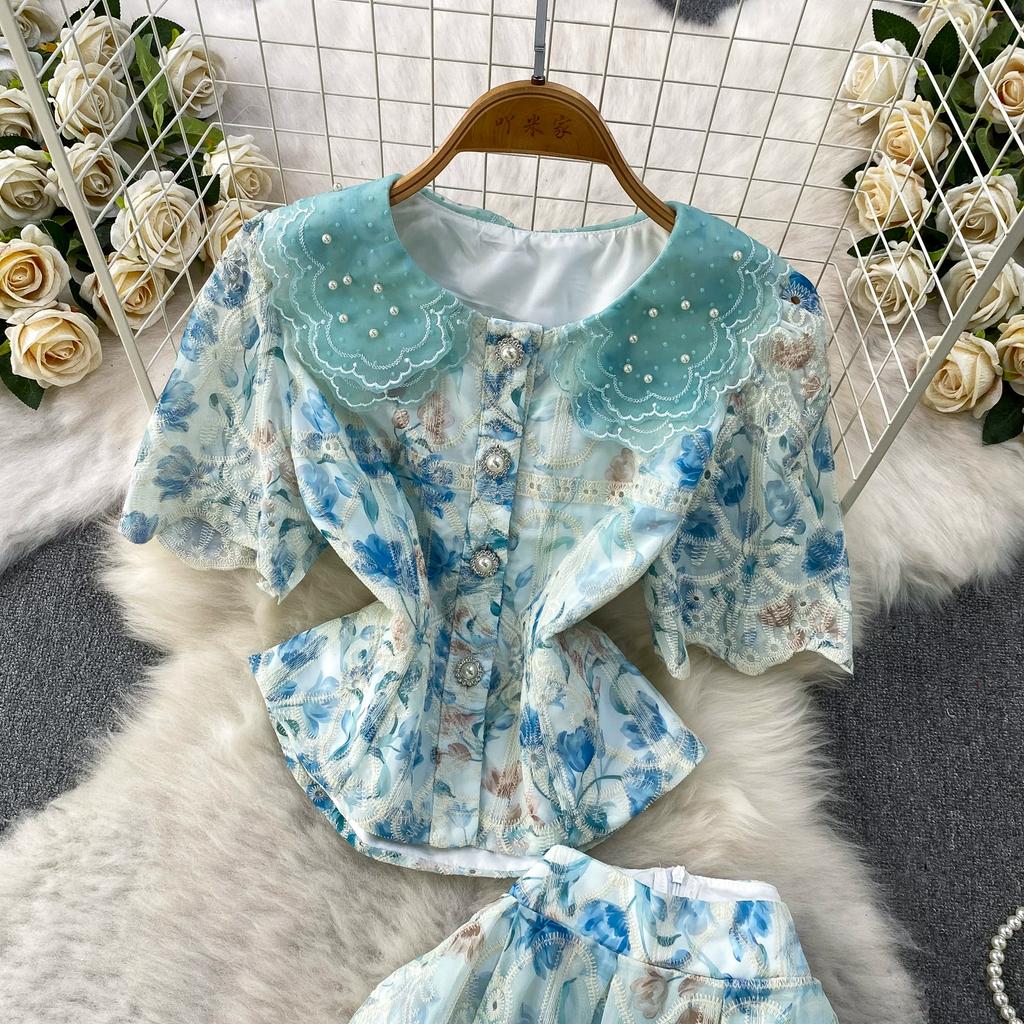 Elegant 2 Piece Set Women Summer Spring Floral Print Embroidery Prom Evening Party Long Dress Suits Crop Top Skirts Suits
