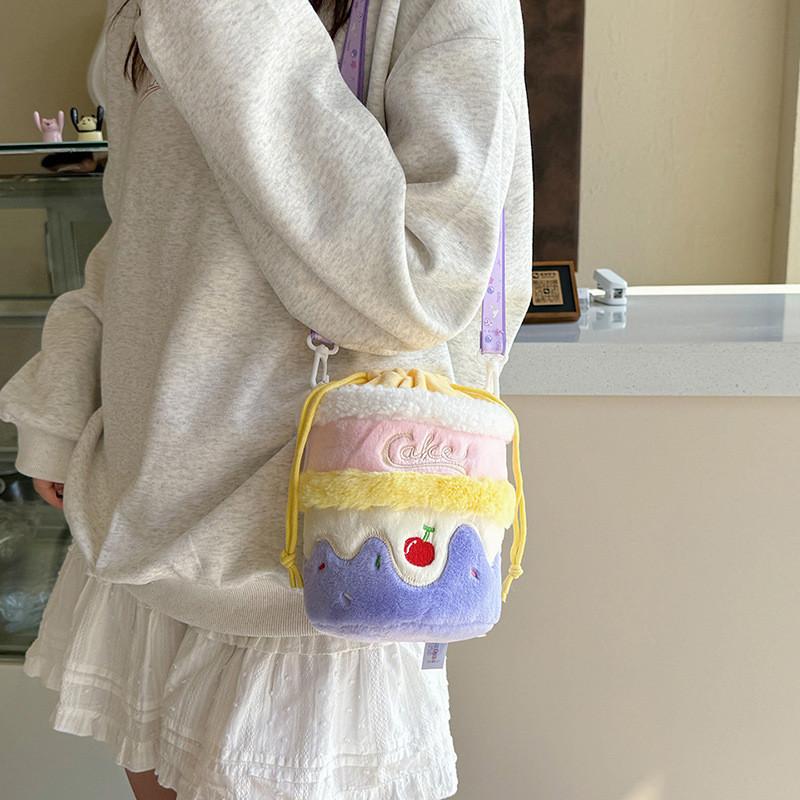 Plush Cake Shape Storage Bag For Girls With Drawstring Kids Purse For Daily Use