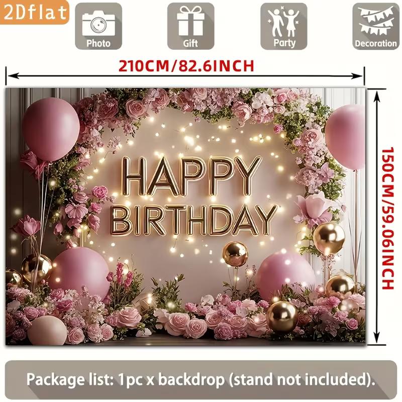 2D Pink Floral Happy Birthday Backdrop for Women/Girl Birthday Party Decoration