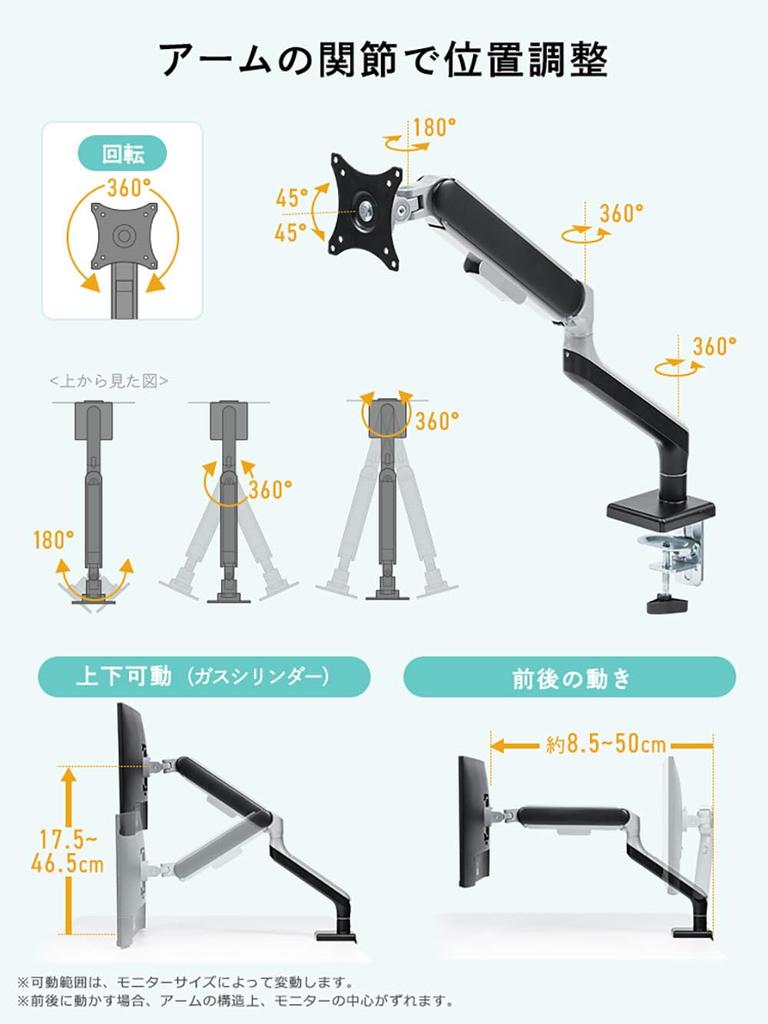 Monitor Large Compatible with Up To 43 Gas Spring Load Capacity Clamp Grommet VESA TV Hidden Black E-Supply Arm, Size, Inches, Type, 0-17kg, Type,