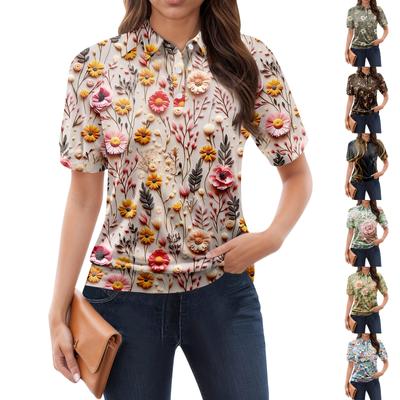 Women's Casual Floral Print V-Neck Short Sleeve Decorative Button T-Shirt Top