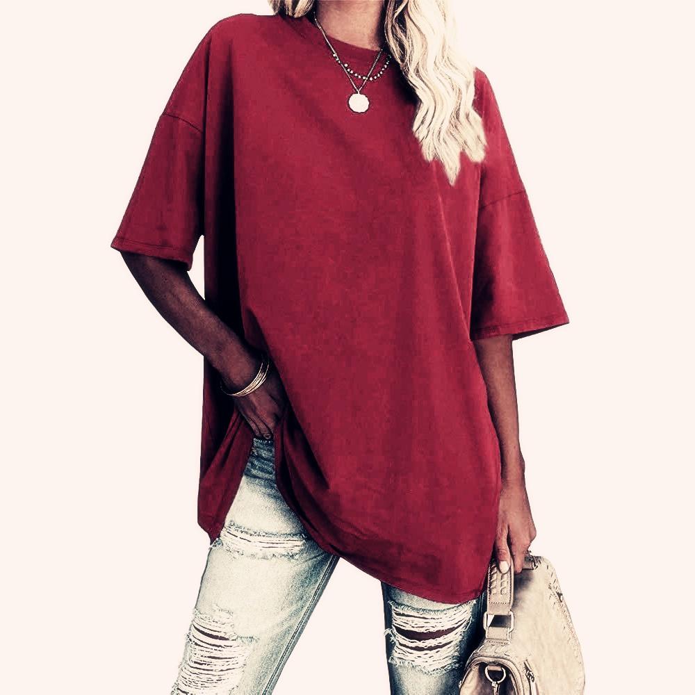 

Женская летняя футболка свободного кроя из чистого хлопка с круглым вырезом, модный топ с короткими рукавами однотонной расцветки. XL