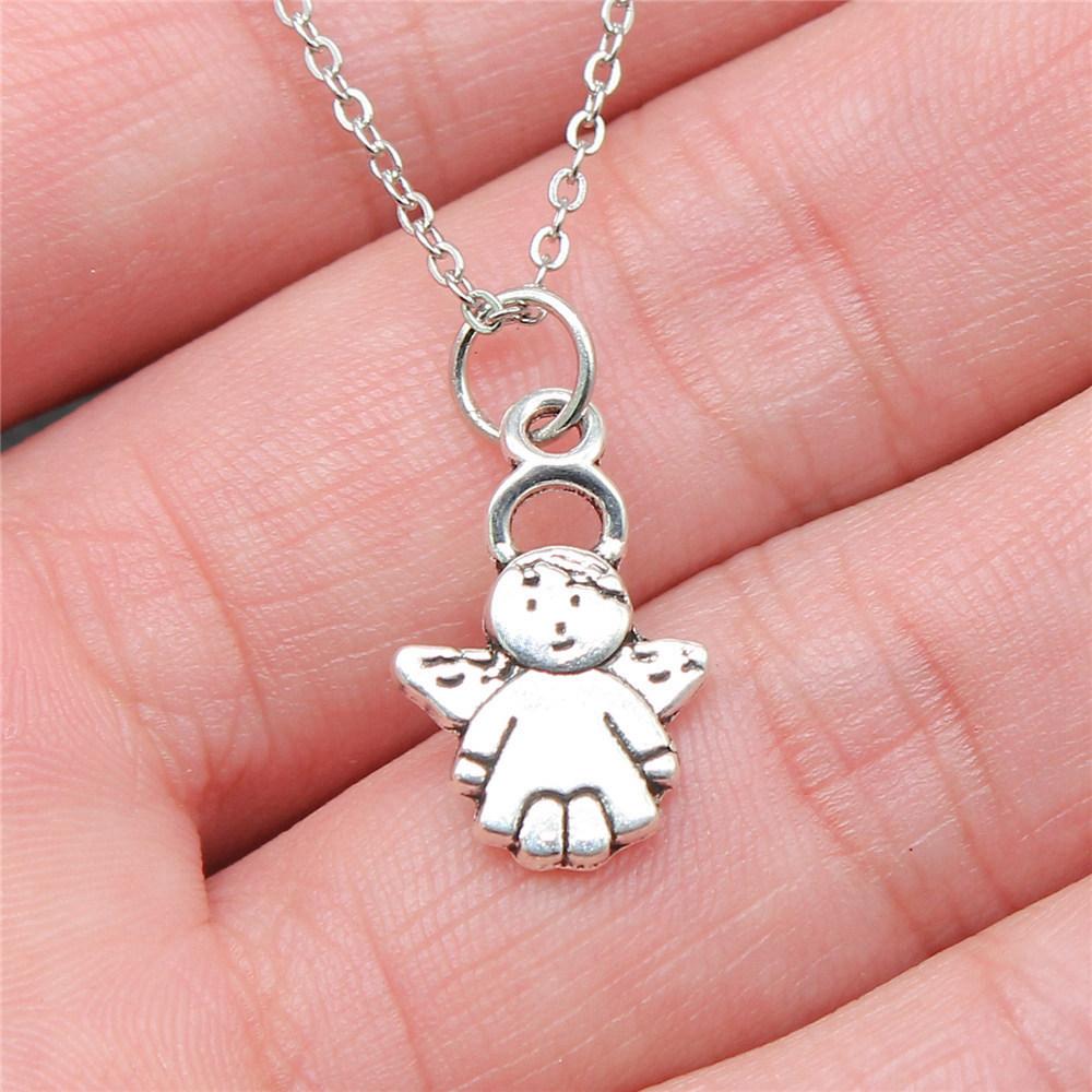 Peach Heart Angel Wings Sweet Pendant Antique Silver Metal Boys Collar Necklace High Quality Gift