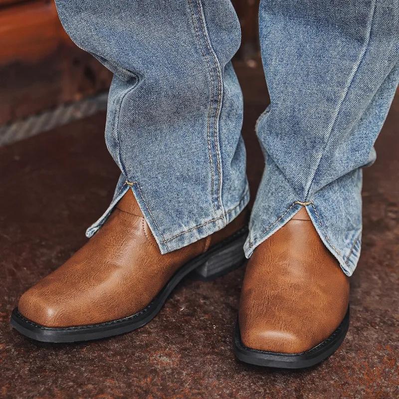 Knight Boots for Men Western Cowboy Boots Slip On Men's Leather Boots 2025 Wear-resistant Horseshoe Heel Social Shoes Male Botas