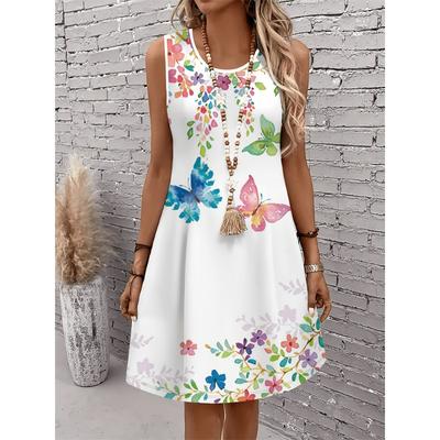 Summer New Women's Sleeveless Dress Butterfly Floral Pattern Round Neck Dress Elegant Temperament Fashion Women's Dresses
