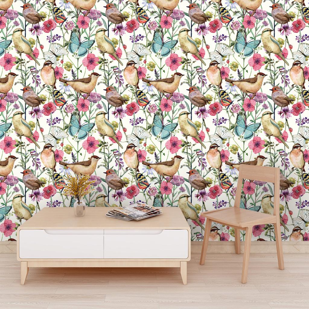 1 Stück Bunte Vögel & Schmetterlinge Abziehen und Aufkleben Tapete Vintage Floral Abnehmbar Selbstklebend Bedrucktes Papier für Heimdekoration