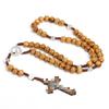 Cross Rosary Necklace with Handmade Knotted 9x10 Wooden Beads in Coffee Color