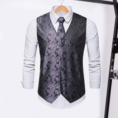 Men Suit Vest with Tie Handkerchief V-Neck Sleeveless Single Breasted Sunflower Patterned