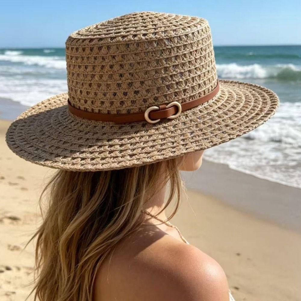 Woven Flat Top Hat Hollow Out Flat Brim Hat French Retro Style Straw Hat Daily Matching