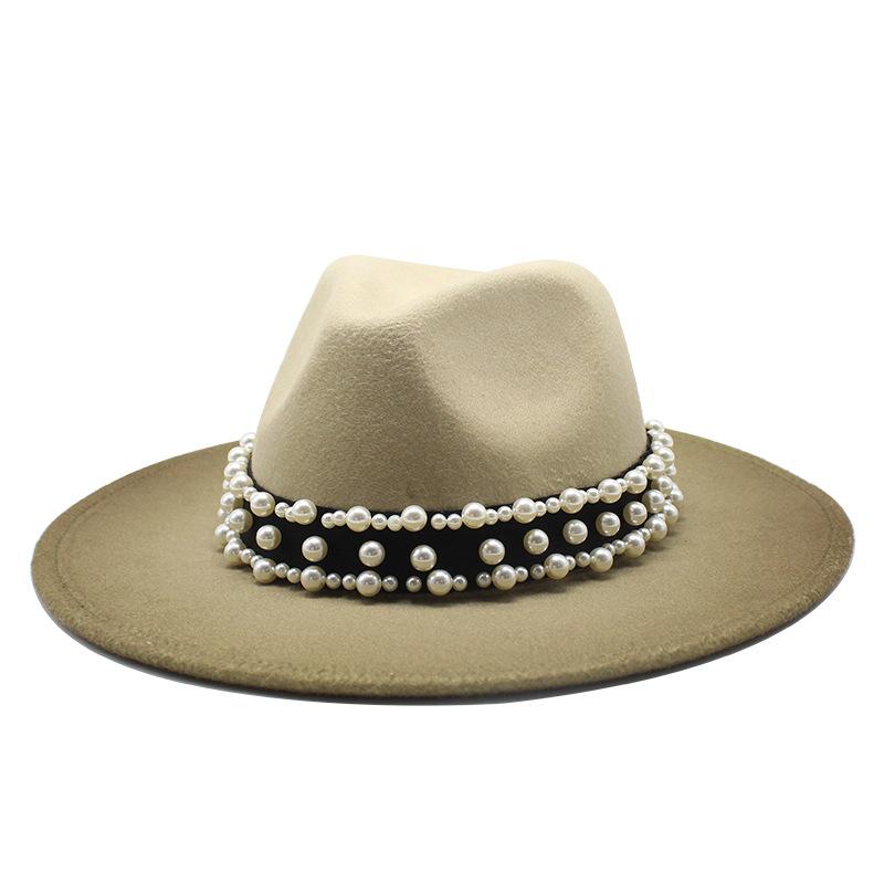 Unisex British Style Woolen Jazz Hat Large Brim Pearl Spray Hat