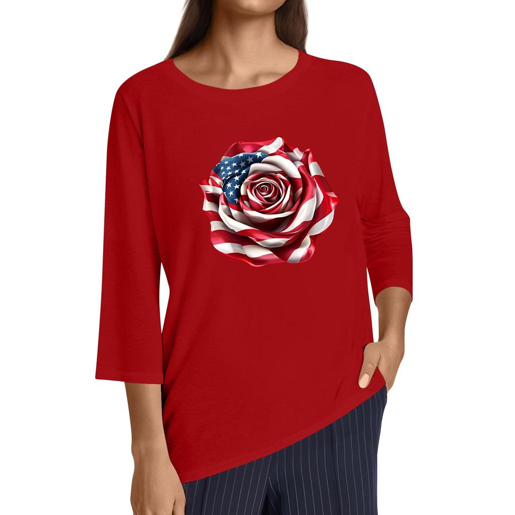 Women's Fashion Casual Round Neck 3/4 Sleeve Loose Independence Day Printed T-Shirt Ladies Top