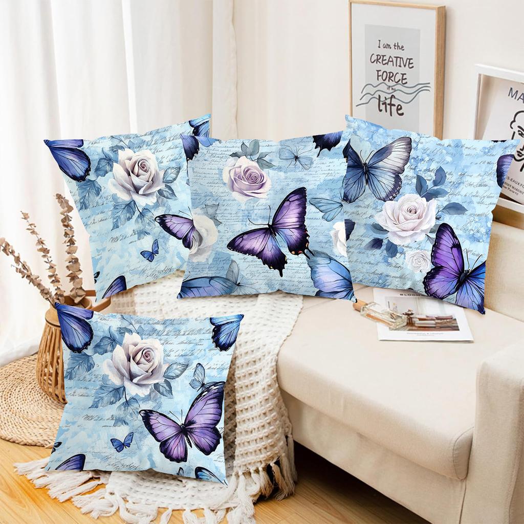2D Flat Printing Blue Butterfly and Rose Pattern Decorative Cushions Polyester Pillowcase, Sofa Decorative Cushion Cov