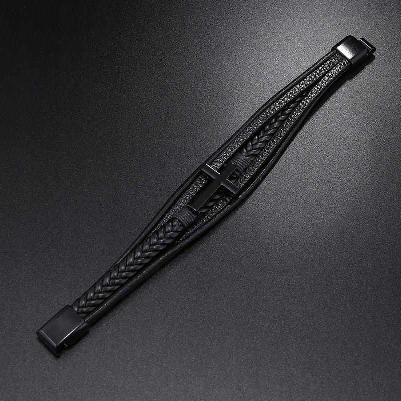 Men' Black Braided Leather Bracelet with Diamond Cross