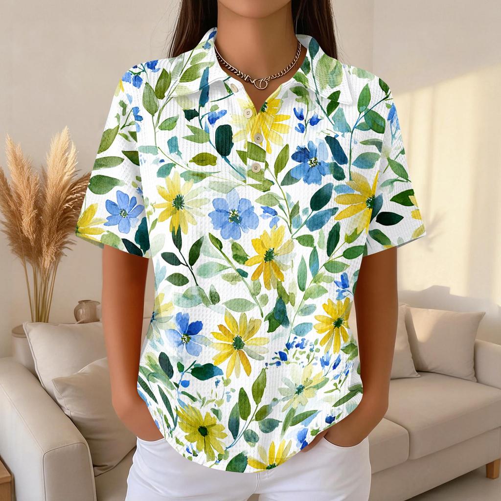 Women’s Casual Short Sleeve Knit Collared Top with Floral Print Relaxed Fit Button Down Blouse for Daily Wear