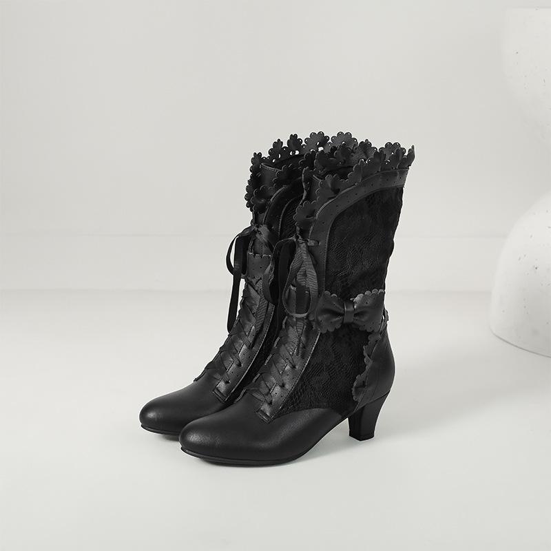 Elegantes Botas de Encaje Quemado con Lazo para Mujer con Cordones Botas de Caballero de Altura Media Botas de Tacón Alto 33-43 Botas de Talla Grande