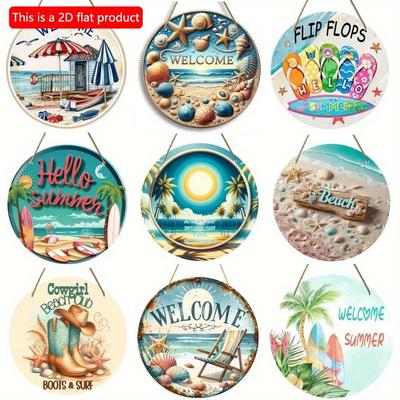 1pc 2d Flat Round Wooden Summer Beach Sign - 20cm, Welcome Sign, Front Door Decoration, Farmhouse Porch Decoration, Holiday Decoration, Friend Gift