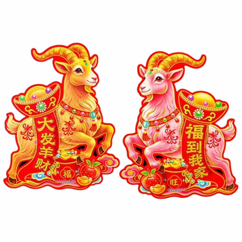 8Pcs/Set Shiny Zodiac Sheep Door Stickers Gold Powder Cultural Year of The Sheep Wall Decals Flocking Vintage Window Decals