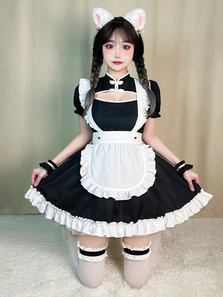 YUEEI Maid Outfit with Open Neckline and Cat Sexy Halloween Lolita Short Chinese Open Coffee Shop Includes Socks Ears, Cosplay, Costume, Dress,