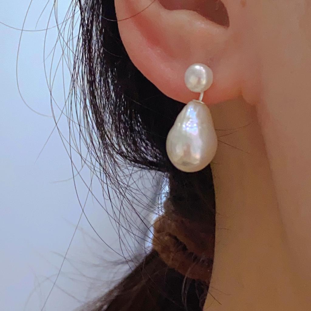 Französisches Design zwei tragen Retro Hepburn natürliche Süßwasserperle Ganzkörper 925 schlichtes Silber Silbernadel Ohrstecker Damen Ohrstecker