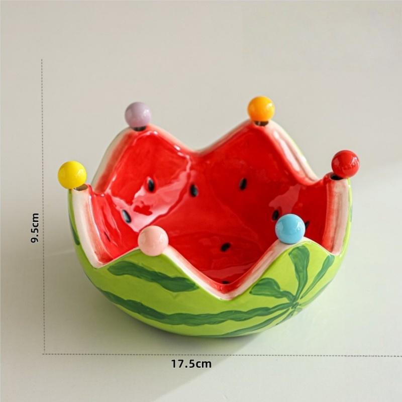 JUSTINLAU Ceramic Fruit Bowl Set Watermelon Shaped Fruit Dessert Bowl  Stainless Steel Colorful Fruit Fork Home Table Decoration